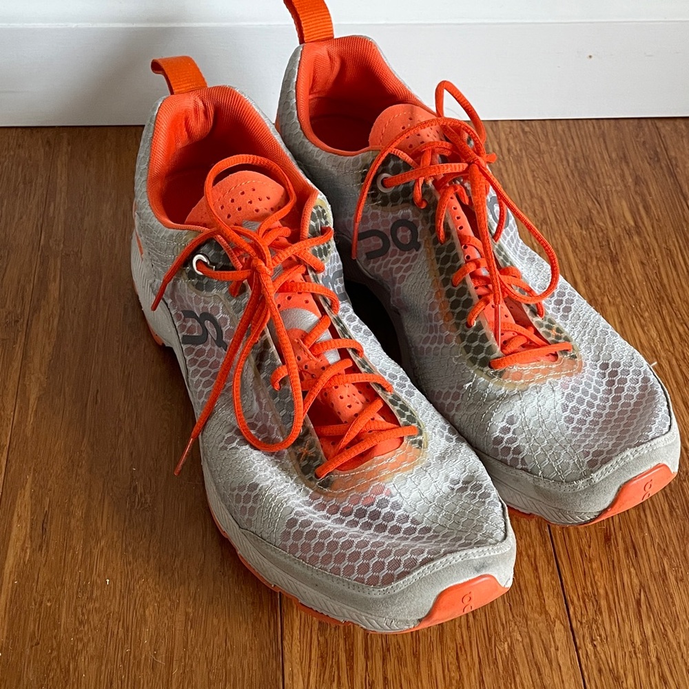 On Running Cloud Racer Gray and Orange Athletic Shoes